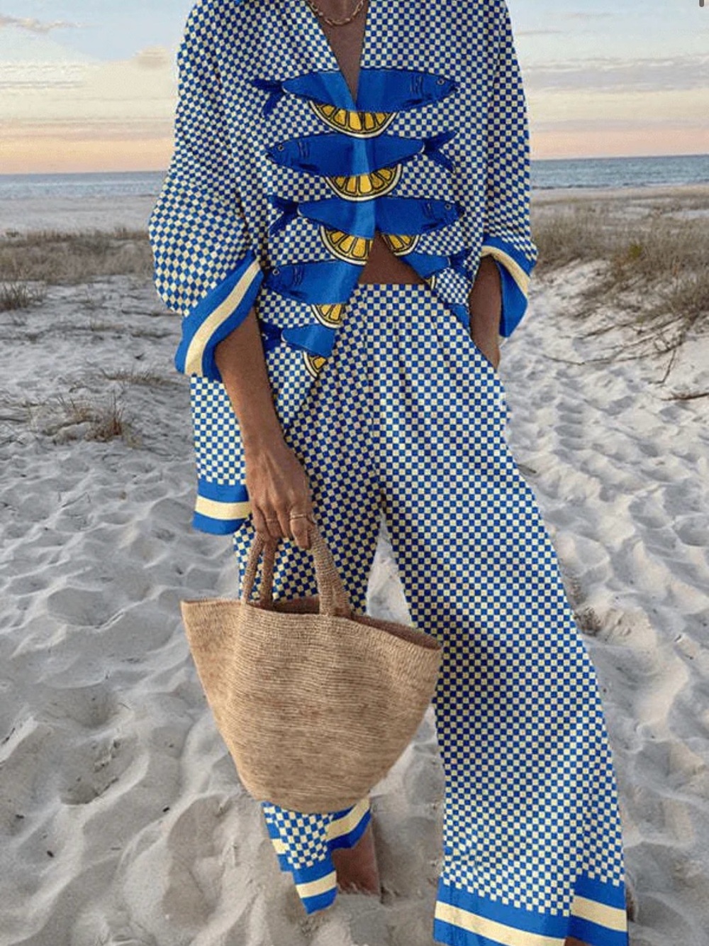 YARELI™ SET Blue Check Wide-Leg Pants with Nautical Trim - Women